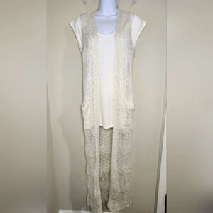 Ivory Long Line Women's Crochet Knit Cardigan Size‎ S Boucle Open Weave Festival